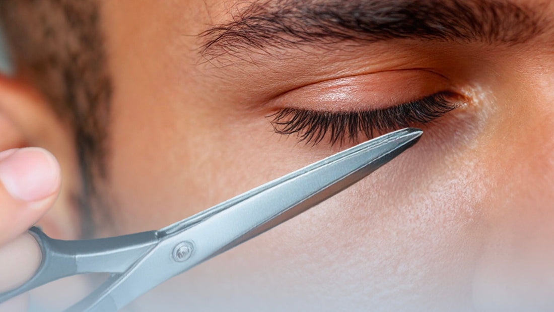 una forbice taglia le ciglia di un uomo