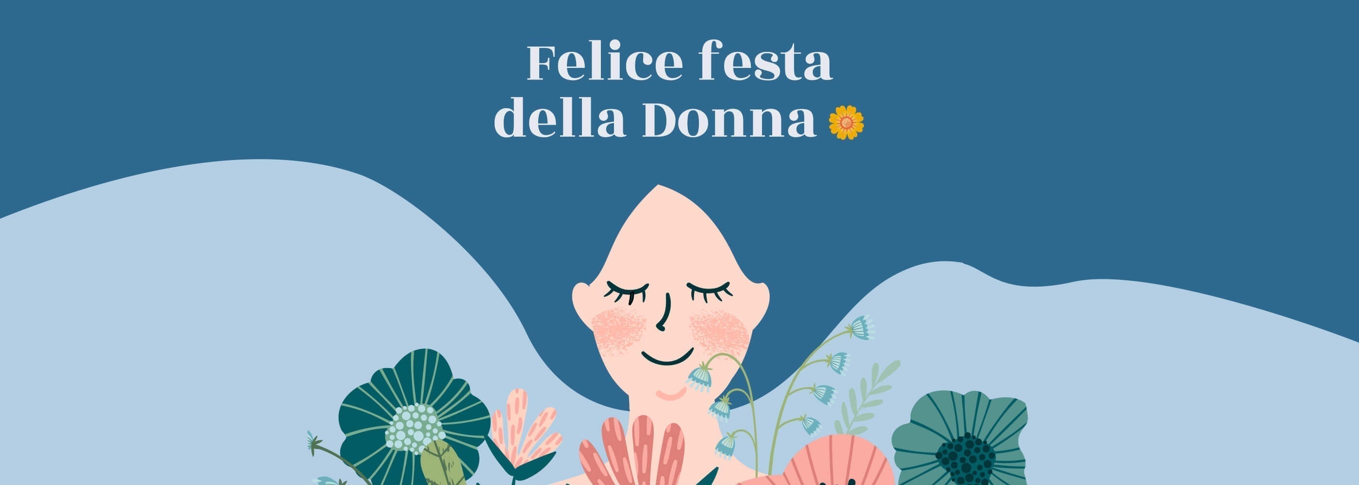 illustrazione di una donna con i capelli blu su cui è scritto felice festa della donna