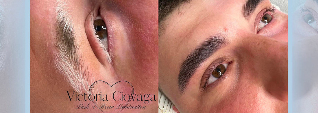 prima e dopo di un trattamento per colorare le sopracciglia bianche di un uomo