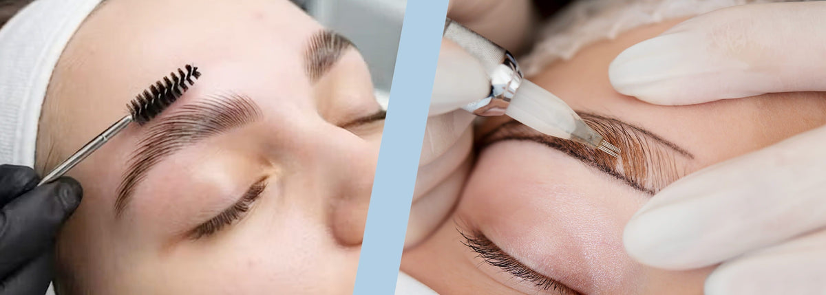 primi piani di una ragazza durante una laminazione sopracciglia e una durante il microblading