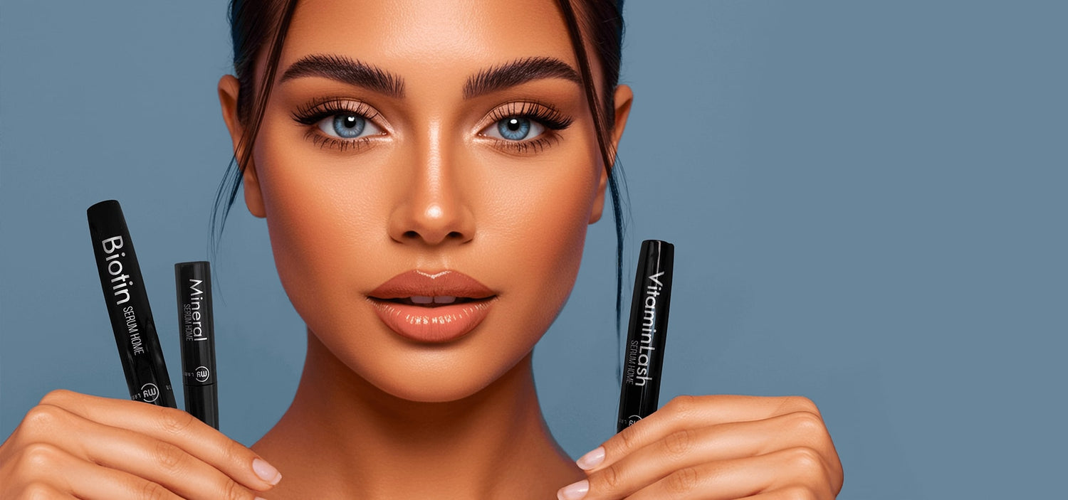 Modella IA con Biotin Serum Home, Mineral Serum Home e Vitamin Lash Serum Home My Lamination.
