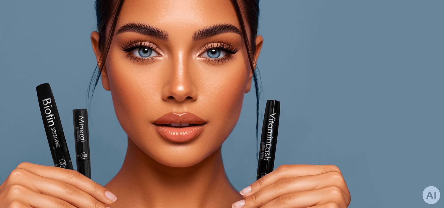 Modella IA con Biotin Serum Home, Mineral Serum Home e Vitamin Lash Serum Home My Lamination.