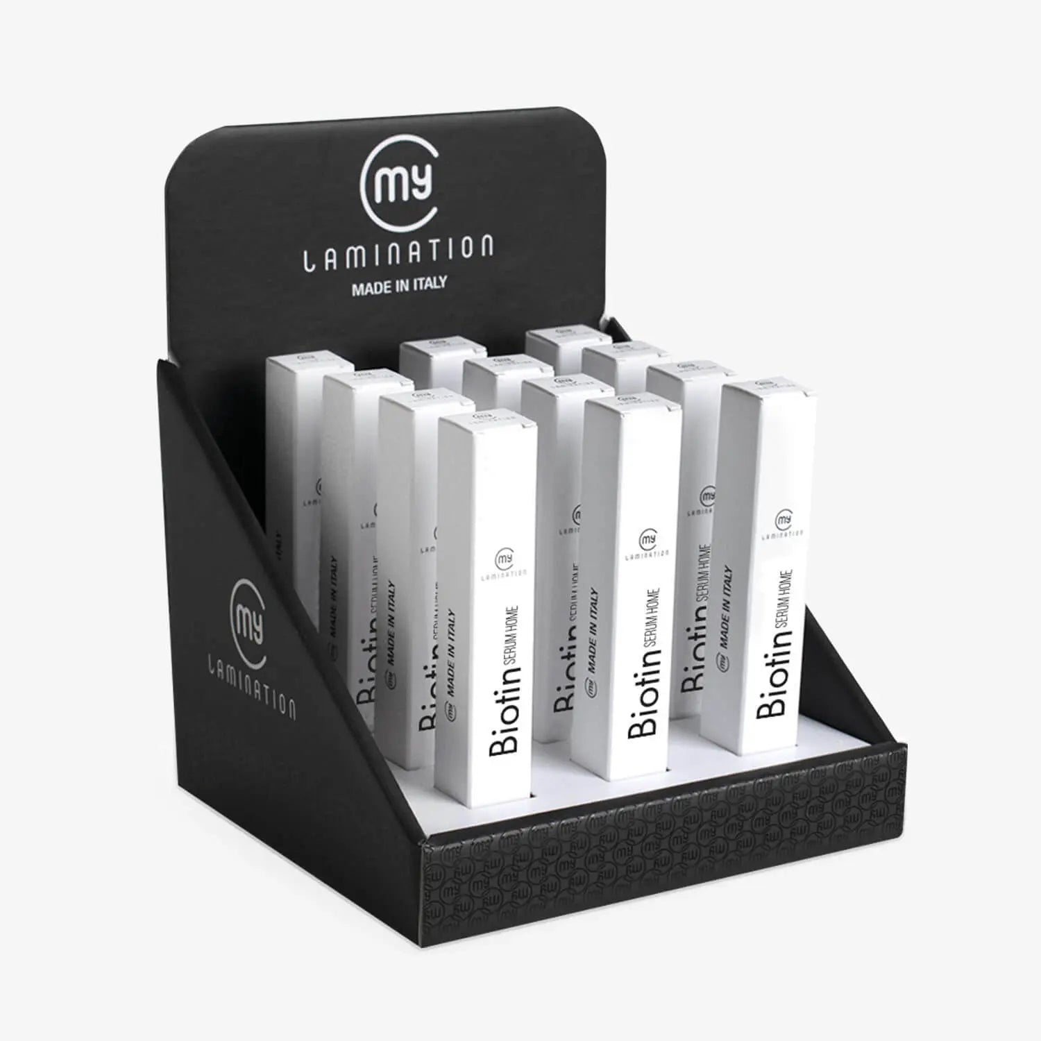 espositore con 12 biotin serum home di my lamination
