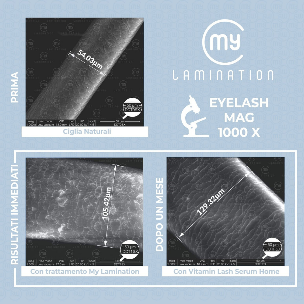 inspessimento del pelo visto al microscopio dopo trattamento my lamination