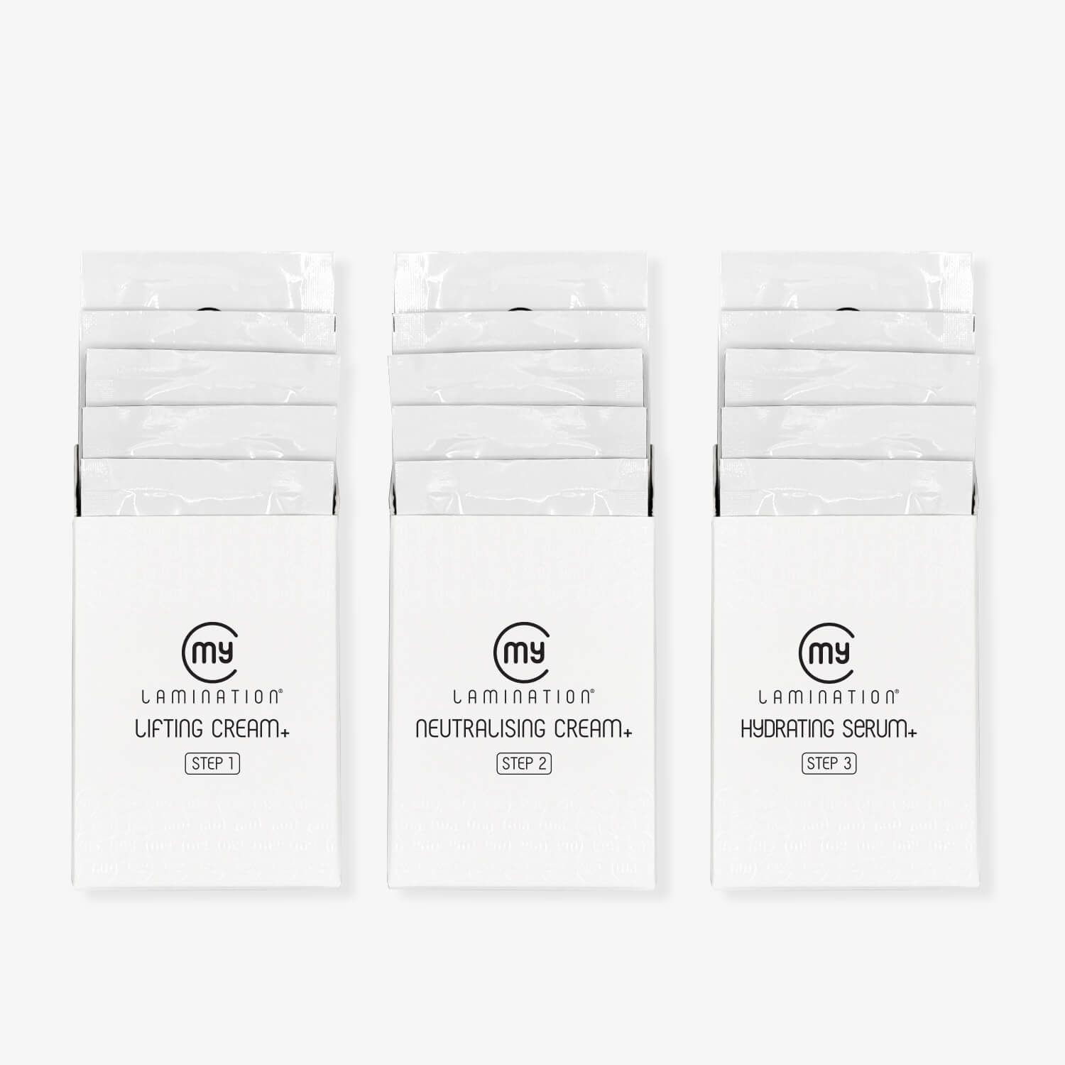 3 bustine con le 3 fasi per la laminazione ciglia my lamination