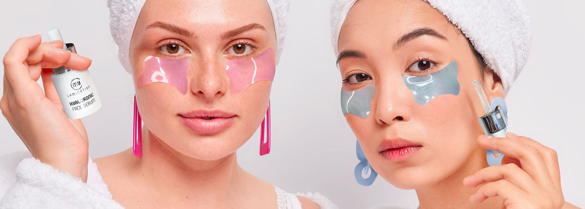 due modelle con delle patch occhi sotto gli occhi e in mano i sieri viso my lamination