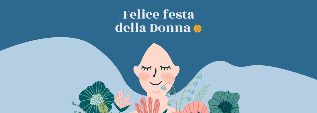illustrazione di una donna con i capelli blu su cui è scritto felice festa della donna