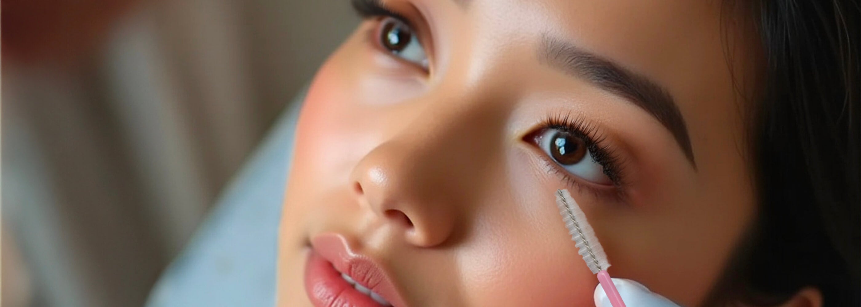 ragazza asiatica pettina le ciglia con un brush