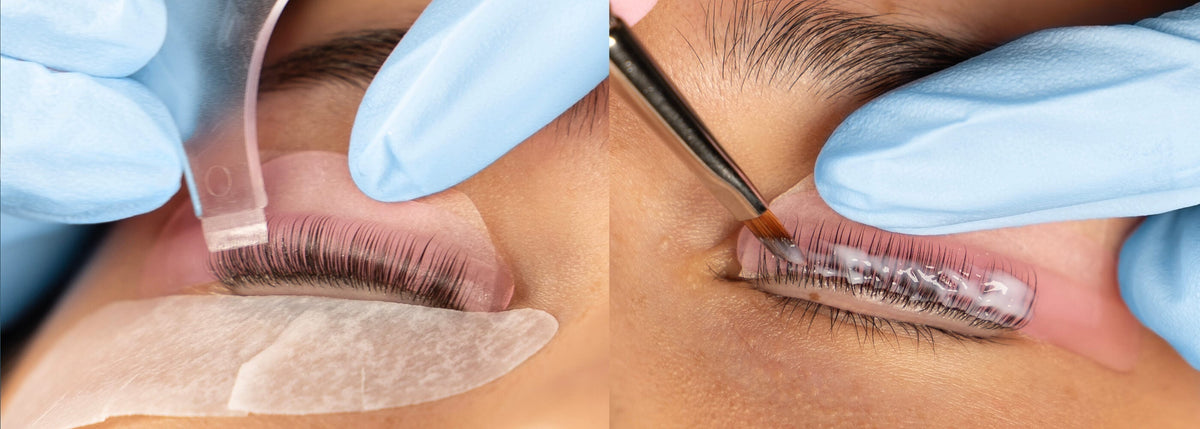 ciglia su un pad in silicone rosa durante una laminazione