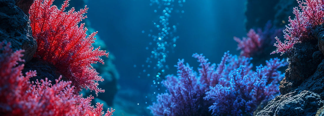 fondale di un oceano con piante rosse, rosa e viola
