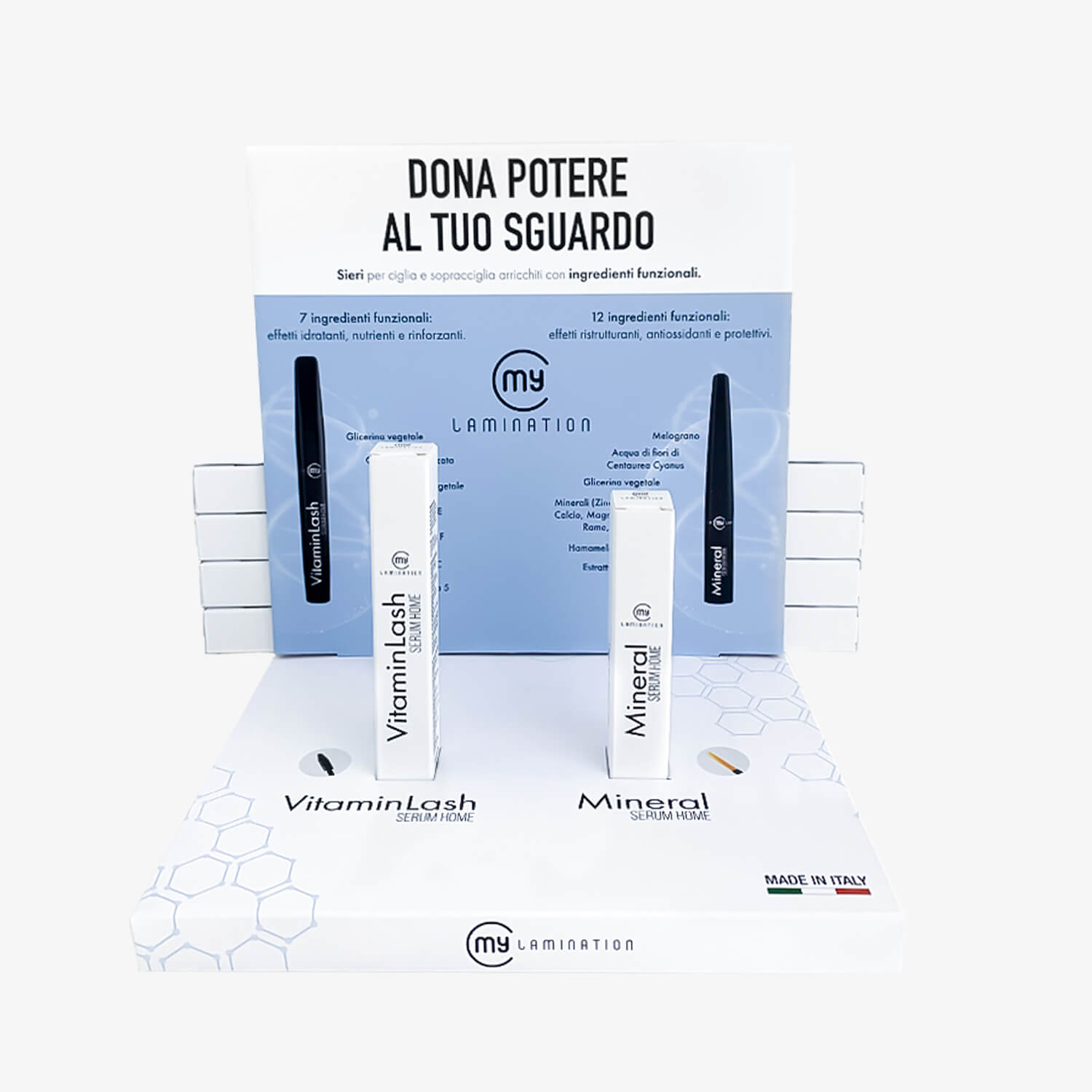 Espositore con 2 campioni di vitamin e mineral Serum Home di my lamination di fronte