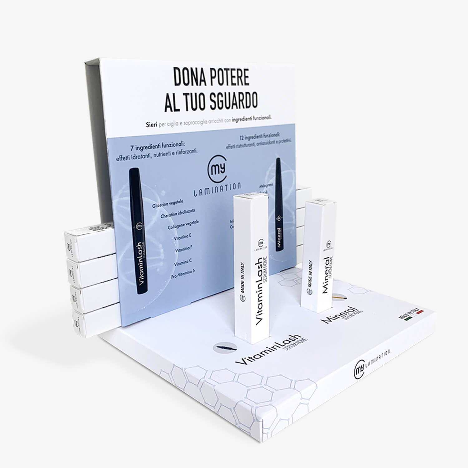 Espositore con 2 campioni di vitamin e mineral Serum Home di my lamination mezzo vuoto