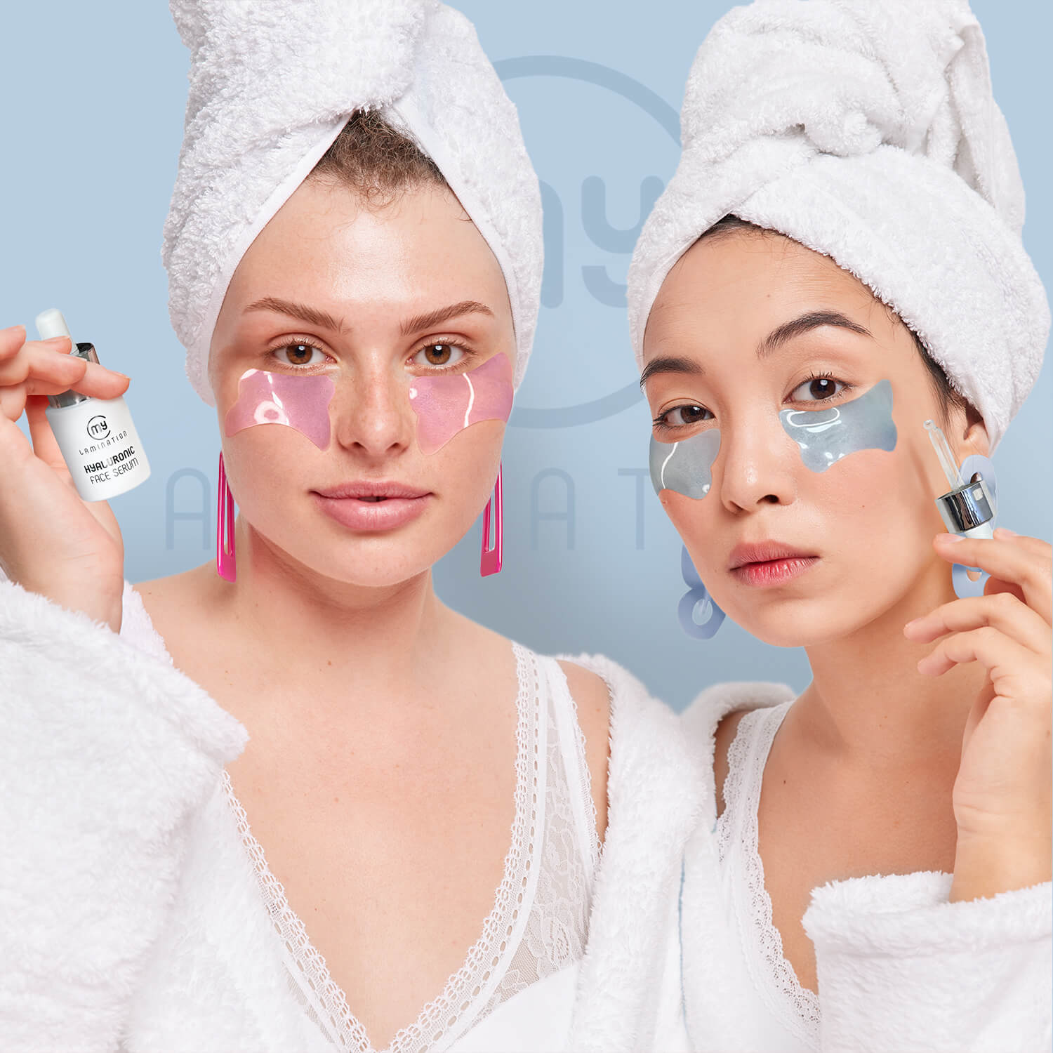 due modelle con patch occhi applicato e hyaluronic face serum in mano