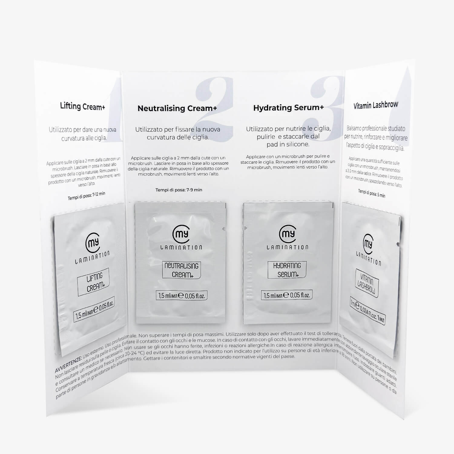 Sample Set PRO My Lamination aperto con bustine fasi laminazione ciglia e Vitamin LashBrow.