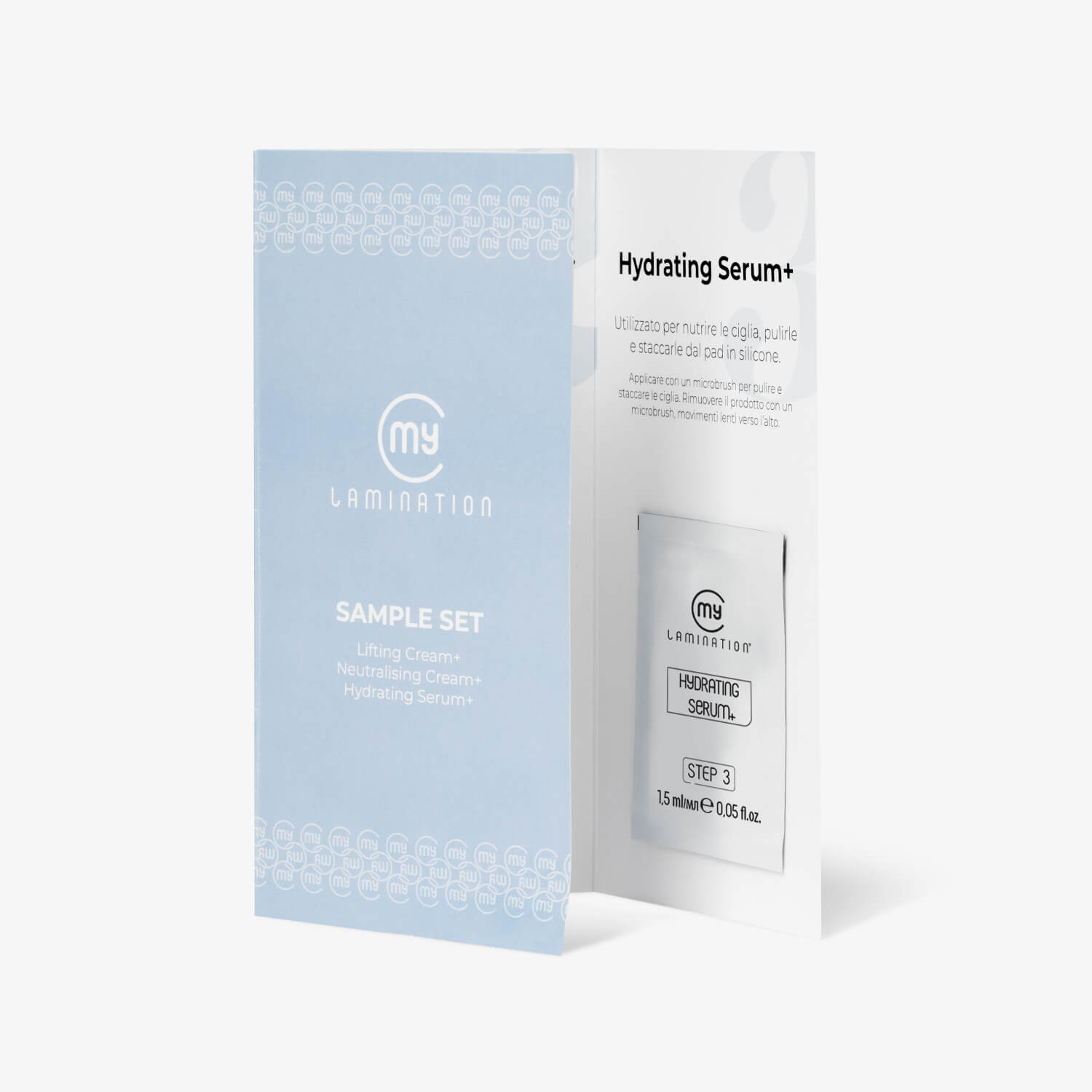 set chiuso di bustine con le tre fasi della laminazione ciglia my lamination