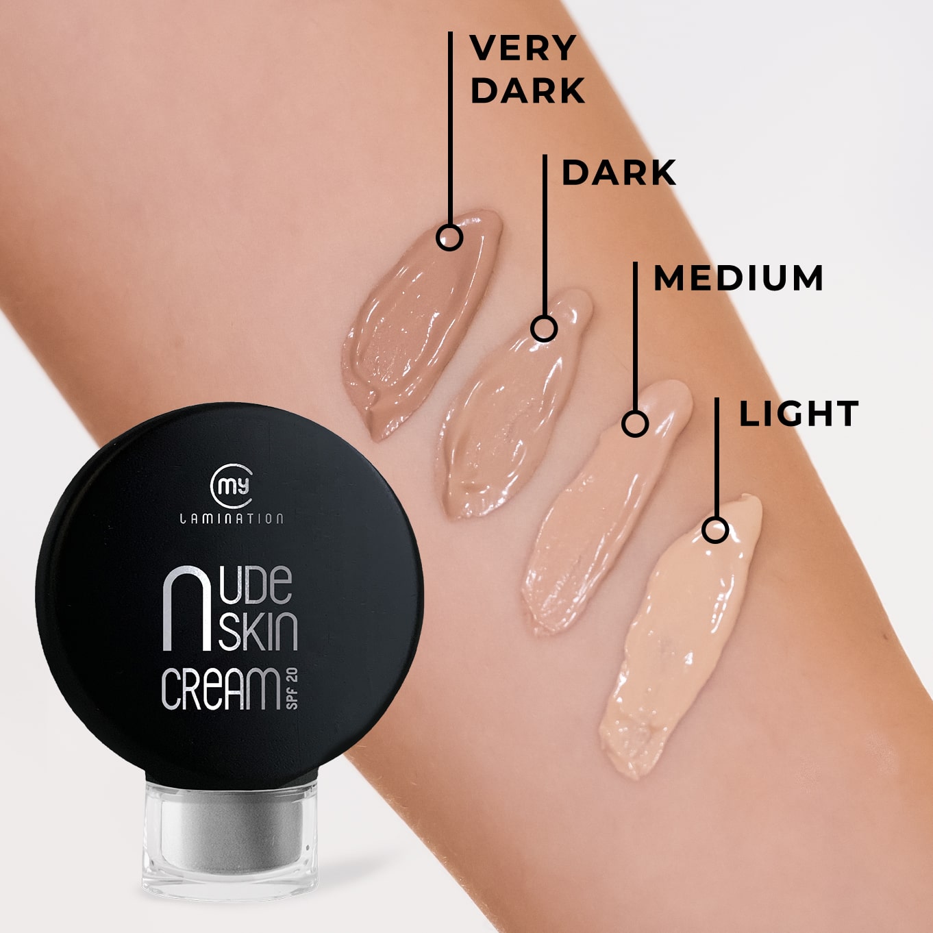 le 4 tonalità di nude skin cream di my lamination su un braccio
